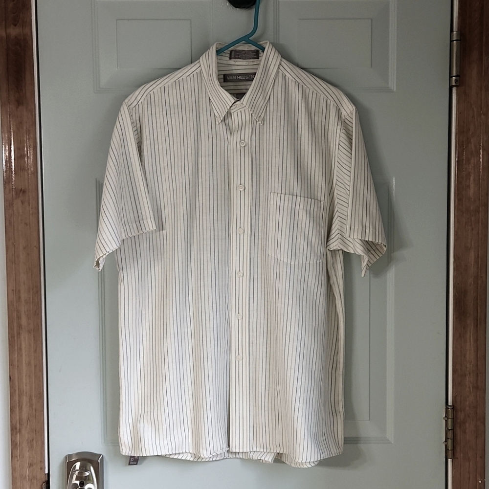 Van Heusen, Men's 16 1/2 Short Sleeve Shirt,Stripe Gray, Navy Green & Tan